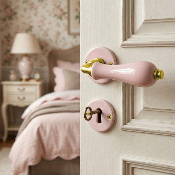 2 poignées de porte LIZON, Rosace ronde, Design Chic, Porcelaine rose, Coude laiton poli doré - Entrée de clé pour chambre