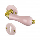 2 poignées de porte LIZON, Rosace ronde, Design Chic, Porcelaine rose, Coude laiton poli doré - Entrée de clé pour chambre