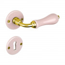 2 poignées de porte LIZON, Rosace ronde, Design Chic, Porcelaine rose, Coude laiton poli doré - Entrée de clé pour chambre