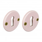 2 poignées de porte LIZON, Rosace ronde, Design Chic, Porcelaine rose, Coude laiton poli doré - Entrée de clé pour chambre