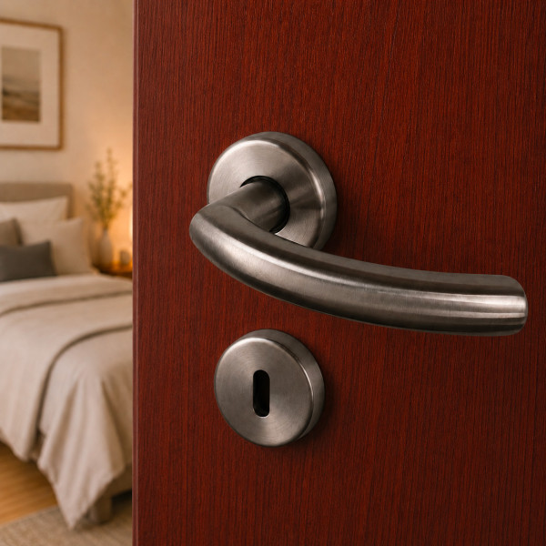 Poignée de porte NERO avec rosace de fonction entrée de clé, Rosace ronde, Industriel et atelier, Inox 304 mat
