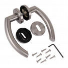 Vue éclatée de 2 poignées de porte NERO avec rosace de fonction entrée de clé, Rosace ronde, Industriel et atelier, Inox 304 mat