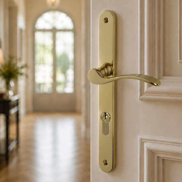 2 poignées de porte ANNA, Laiton poli pour porte d'entrée entraxe 195 mm
