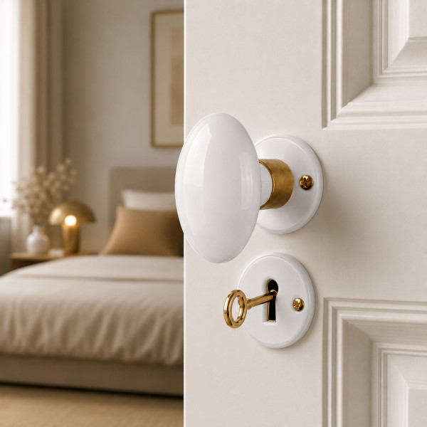 2 poignées sur rosaces rondes OLIVE, Porcelaine blanc - Entrée de clé pour chambre