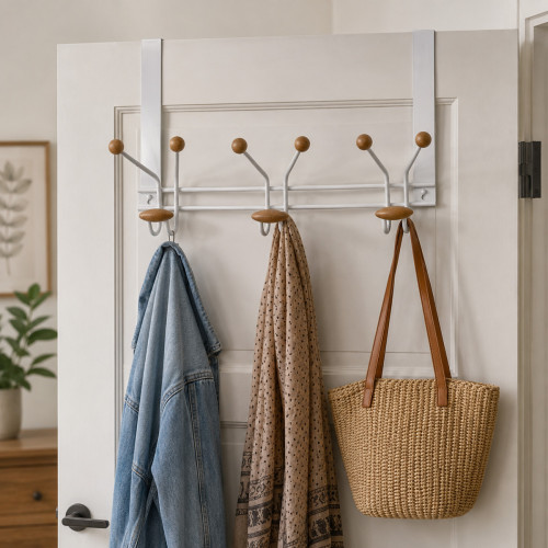 Porte-manteau mural FAMILY, Plaque en métal blanc, 9 têtes en bois brut