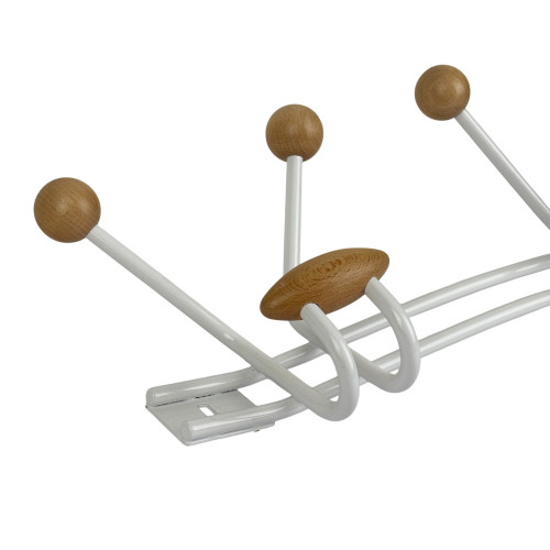 Porte-manteau mural FAMILY, Plaque en métal blanc, 9 têtes en bois brut