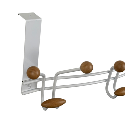Porte-manteau mural FAMILY, Plaque en métal blanc, 9 têtes en bois brut
