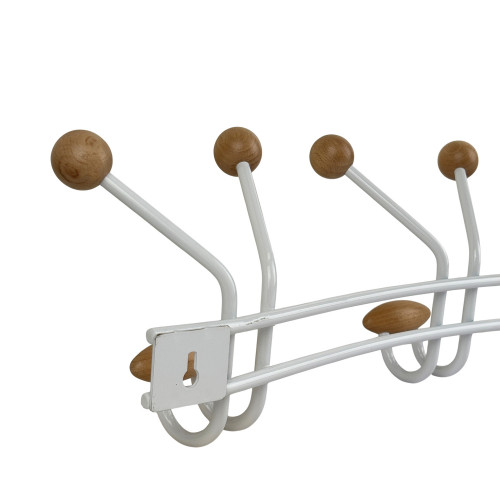 Porte-manteau mural FAMILY, Plaque en métal blanc, 9 têtes en bois brut