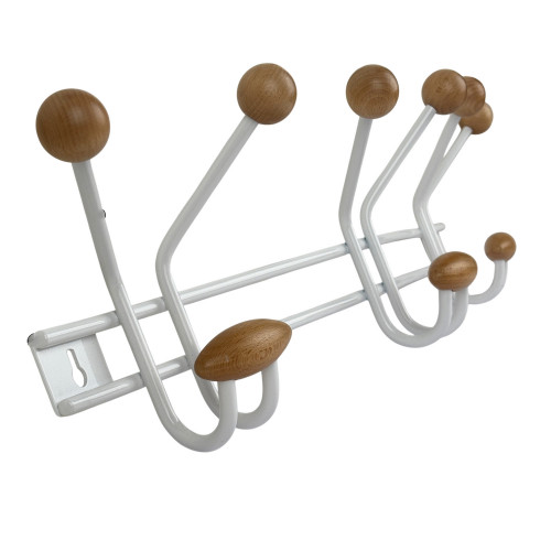 Porte-manteau mural FAMILY, Plaque en métal blanc, 9 têtes en bois brut