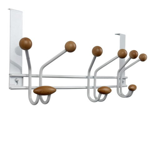 Porte-manteau mural FAMILY, Plaque en métal blanc, 9 têtes en bois brut