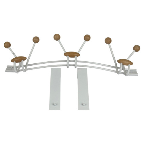 Porte-manteau mural FAMILY, Plaque en métal blanc, 9 têtes en bois brut