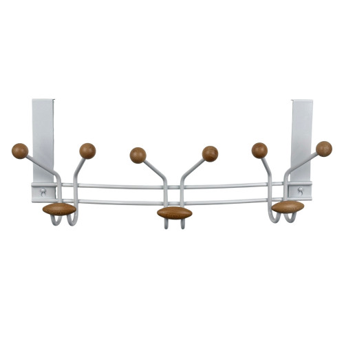 Porte-manteau mural FAMILY, Plaque en métal blanc, 9 têtes en bois brut