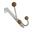 Porte-manteau mural LEO, Plaque en métal blanc, 3 têtes en bois brut