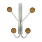 Porte-manteau mural LEO, Plaque en métal blanc, 4 têtes en bois brut