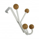 Porte-manteau mural LEO, Plaque en métal blanc, 4 têtes en bois brut