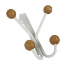Porte-manteau mural LEO, Plaque en métal blanc, 4 têtes en bois brut