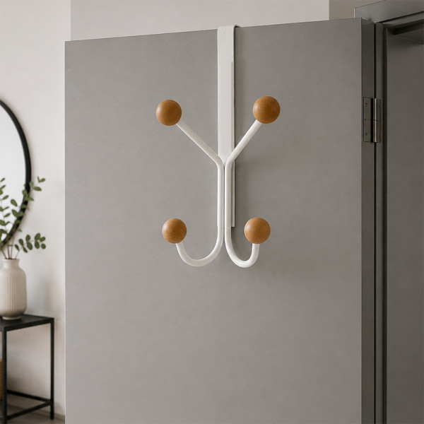 Porte-manteau mural LEO, Plaque en métal blanc, 4 têtes en bois brut
