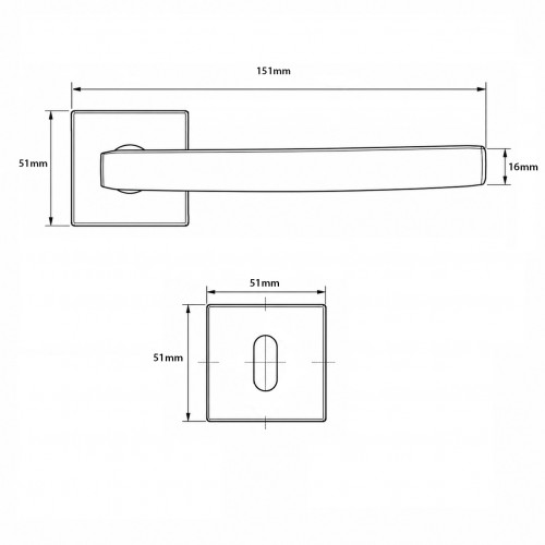 Schéma technique de 2 poignées de porte ORION, Rosace carrée, Entrée de clé, Contemporain, Inox mat