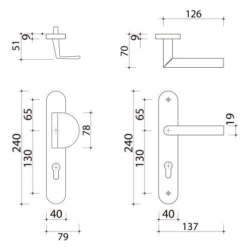 Schéma technique de 2 poignées de porte à cylindre EDISON, palière côté extérieur, Aluminium blanc entraxe 195 mm