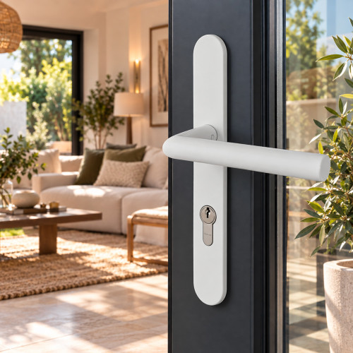 2 poignées de porte d'entrée EDISON, plaque étroite, Aluminium blanc entraxe 195 mm