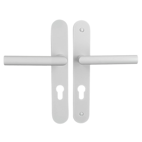 2 poignées de porte à cylindre EDISON, réhaussée côté extérieur, Aluminium blanc mat entraxe 195 mm
