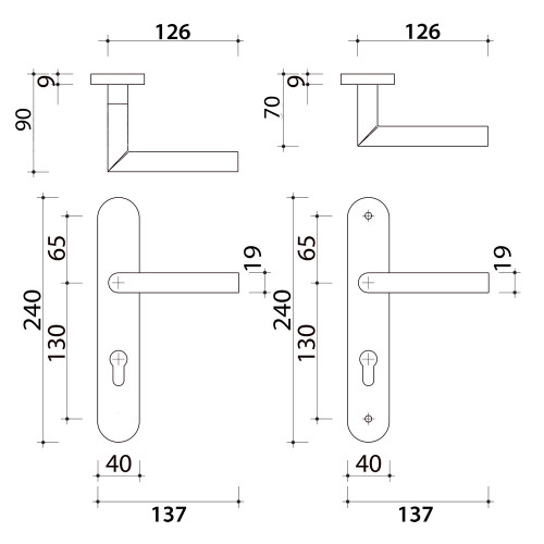 Schéma technique de 2 poignées de porte à cylindre EDISON, réhaussée côté extérieur, Aluminium blanc mat entraxe 195 mm