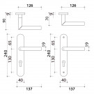 Schéma technique de 2 poignées de porte à cylindre EDISON, réhaussée côté extérieur, Aluminium blanc mat entraxe 195 mm