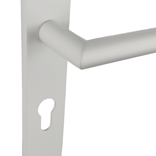 2 poignées de porte à cylindre EDISON, réhaussée côté extérieur, Aluminium blanc mat entraxe 195 mm