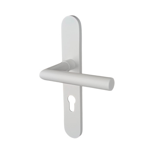 2 poignées de porte à cylindre EDISON, réhaussée côté extérieur, Aluminium blanc mat entraxe 195 mm