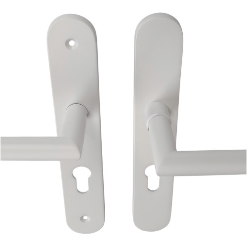 2 poignées de porte à cylindre EDISON, réhaussée côté extérieur, Aluminium blanc mat entraxe 195 mm