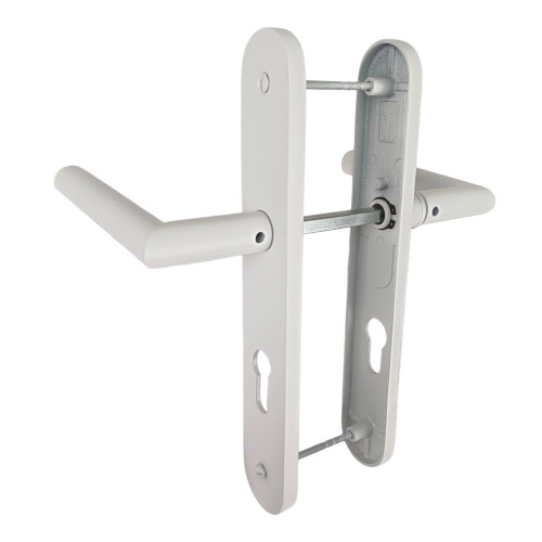 2 poignées de porte à cylindre EDISON, réhaussée côté extérieur, Aluminium blanc mat entraxe 195 mm