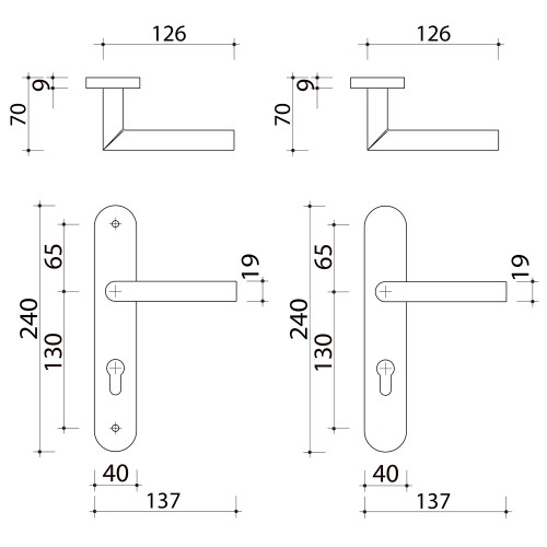 Schéma technique de 2 poignées de porte d'entrée EDISON, Aluminium blanc mat entraxe 195 mm