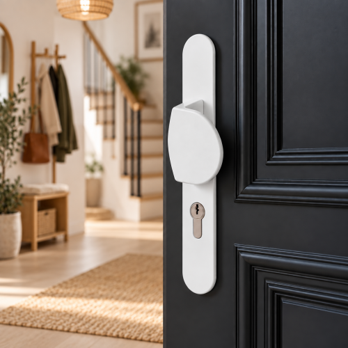 2 poignées de porte à cylindre EDISON, palière côté extérieur, Aluminium blanc entraxe 195 mm
