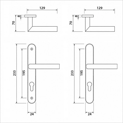 Schéma technique de 2 poignées de porte d'entrée EDISON, plaque étroite, Aluminium blanc entraxe 195 mm
