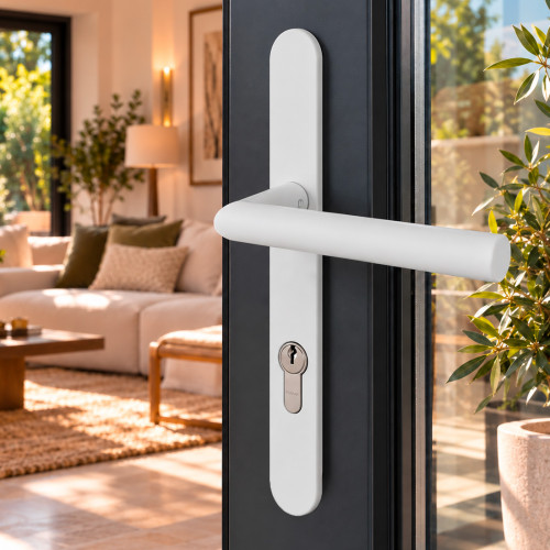 2 poignées de porte d'entrée EDISON, plaque étroite, Aluminium blanc entraxe 195 mm