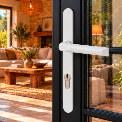 2 poignées de porte d'entrée EDISON, Saillie réduite côté extérieur, Aluminium blanc mat entraxe 195 mm