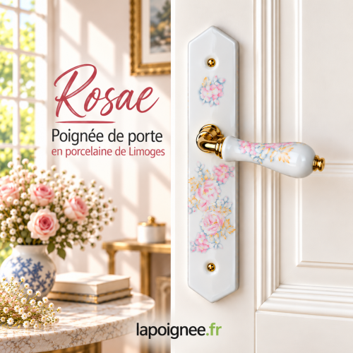 2 poignées de porte ROSAE, Porcelaine fleur entraxe 195 mm