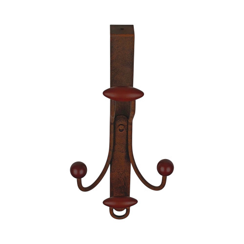 Porte-manteau mural MACAO, Plaque en fer rouille, 4 têtes en bois