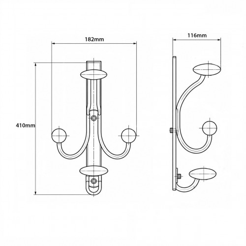 Schéma technique de Porte-manteau mural MACAO, Plaque en fer rouille, 4 têtes en bois