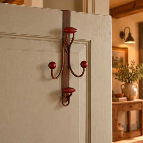 Porte-manteau mural MACAO, Plaque en fer rouille, 4 têtes en bois