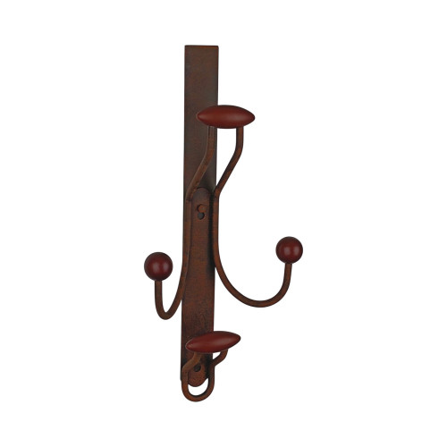 Porte-manteau mural MACAO, Plaque en fer rouille, 4 têtes en bois