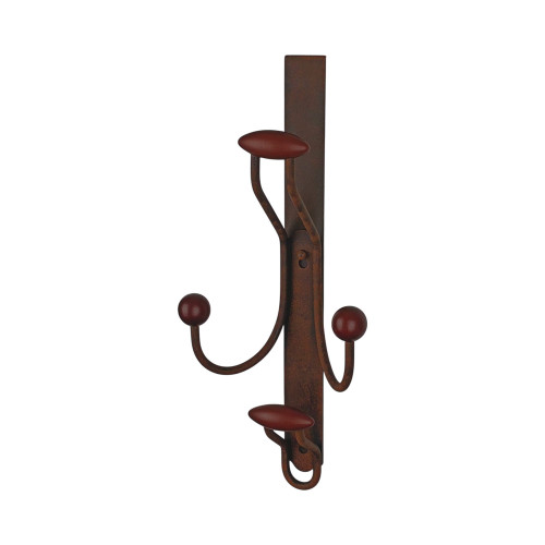 Porte-manteau mural MACAO, Plaque en fer rouille, 4 têtes en bois