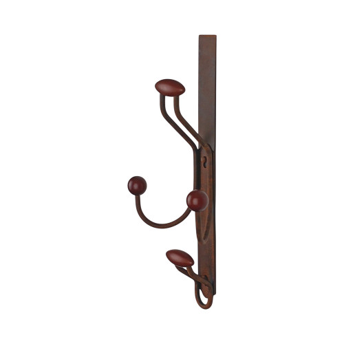Porte-manteau mural MACAO, Plaque en fer rouille, 4 têtes en bois