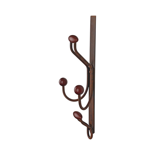 Porte-manteau mural MACAO, Plaque en fer rouille, 4 têtes en bois