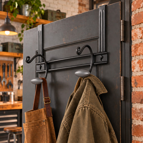 Porte-manteau mural GASCOGNE, Plaque en fer patiné, 2 têtes en bois