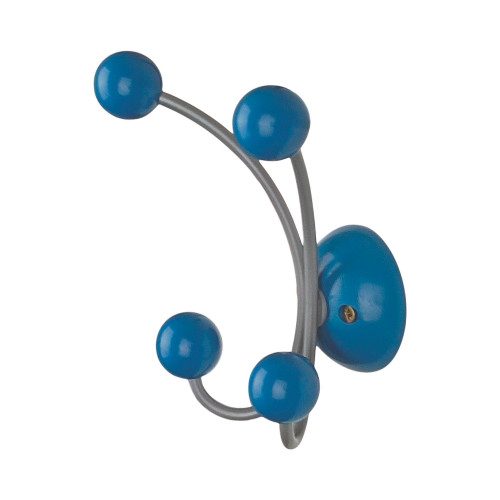Porte-manteau mural JUNIOR, Plaque en bois bleu et fer gris, 4 têtes en bois peint