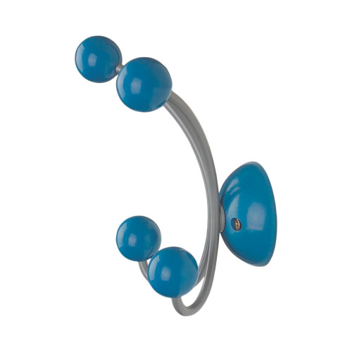 Porte-manteau mural JUNIOR, Plaque en bois bleu et fer gris, 4 têtes en bois peint