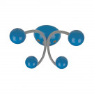 Porte-manteau mural JUNIOR, Plaque en bois bleu et fer gris, 4 têtes en bois peint