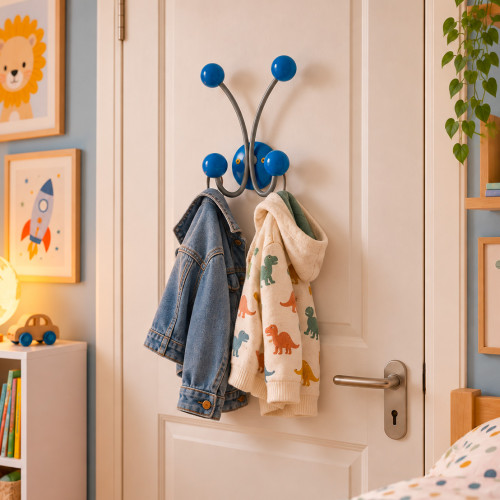 Porte-manteau mural JUNIOR, Plaque en bois bleu et fer gris, 4 têtes en bois peint