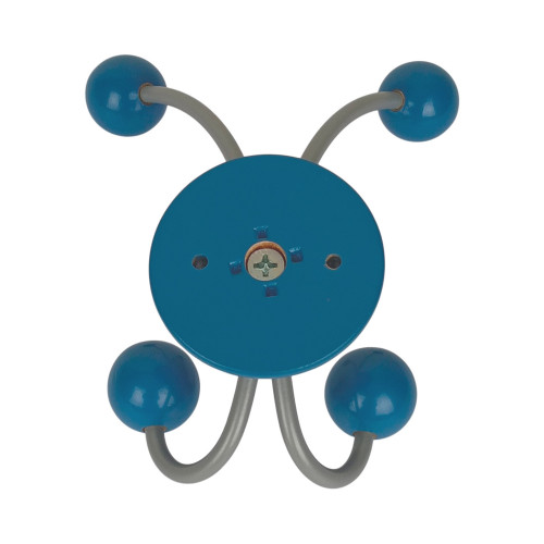 Porte-manteau mural JUNIOR, Plaque en bois bleu et fer gris, 4 têtes en bois peint